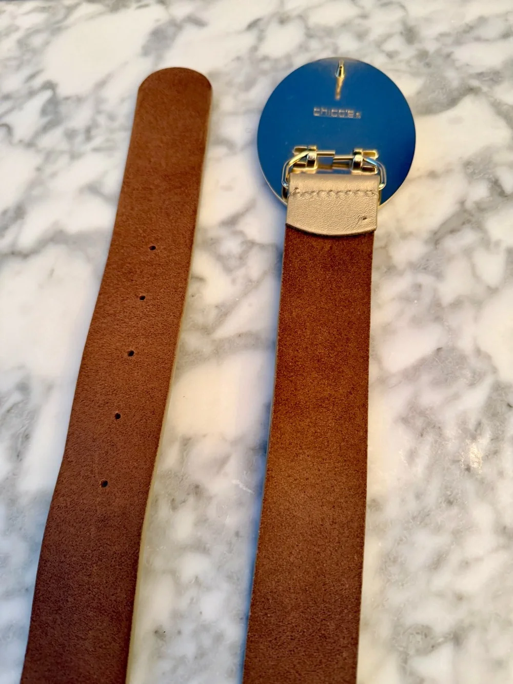Chicos Western Jeweled Buckle Genuine Leather Belt Gold L 41” NWOT New